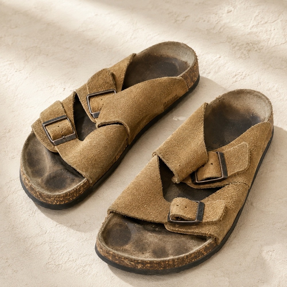 Betula by Birkenstock Tan Brown Suede Two Strap Buckle Sandals Size 38 7